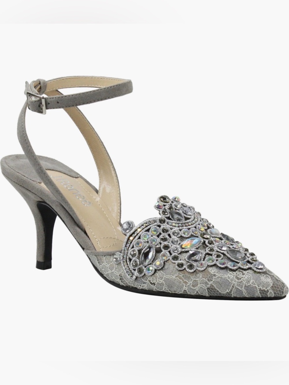 J.Renee Silver Lace Pointed-Toe Heels with Crystal Embellishment